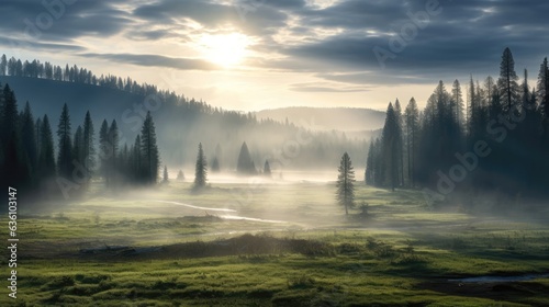 Rays of sunlight piercing through dense clouds, casting an ethereal glow on a serene meadow.