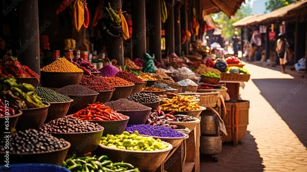 Vibrant market stalls adorned with exotic fruits, textiles and crafts. A feast of colors and textures.