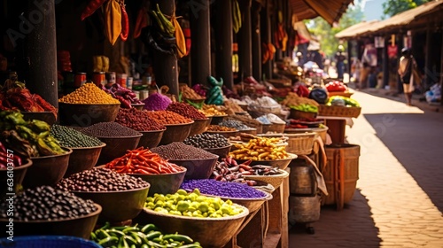 Vibrant market stalls adorned with exotic fruits, textiles and crafts. A feast of colors and textures. photo