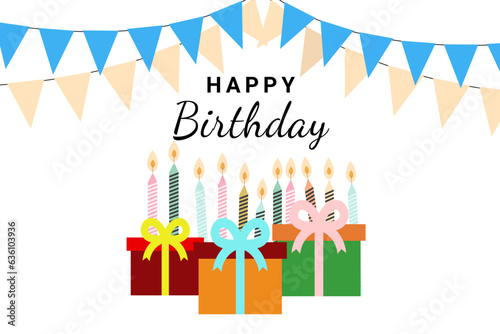 Colorful birthday. Vector Illustration. Happy Birthday greeting card in pastel colors with candles, and Gift box. Vector illustration on a white background