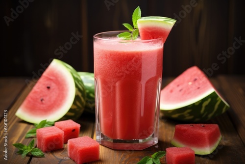 Watermelon juice in glass on rustic wooden table top, close up view.