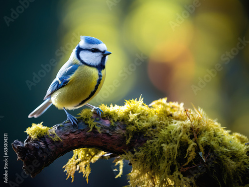 Warbler, tit bird (Carduelis carduelis) perched on a mossy branch with bokeh background. By AI © Worrapol
