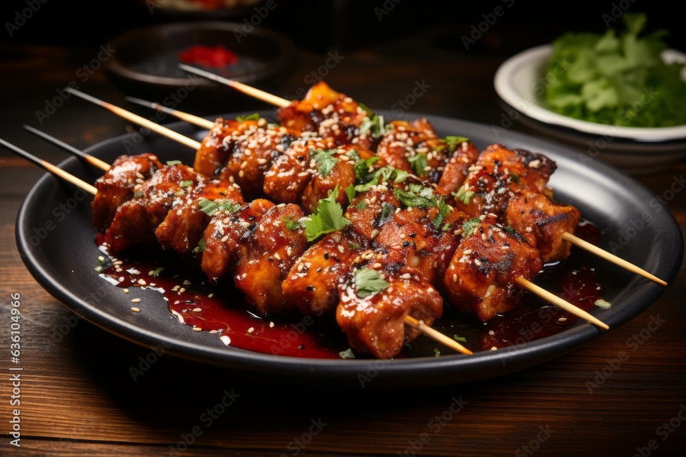 Mouthwatering Plate of Yakitori Skewers with Grilled Chicken and Savory Sauce, Generative AI