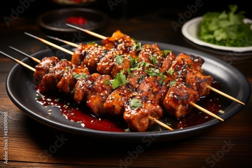 Mouthwatering Plate of Yakitori Skewers with Grilled Chicken and Savory Sauce, Generative AI