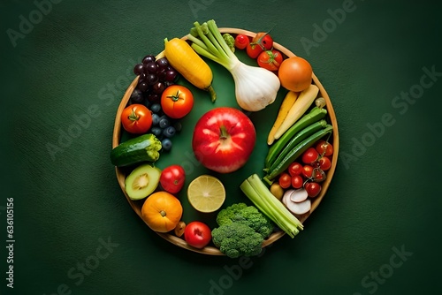 top view of veggies and fruits on green background - AI Generative