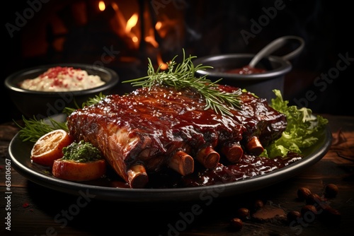 Mouthwatering Plate of BBQ Ribs with a Smoky and Tangy Glaze, Generative AI