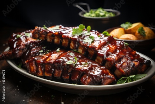 Mouthwatering Plate of BBQ Ribs with a Smoky and Tangy Glaze  Generative AI