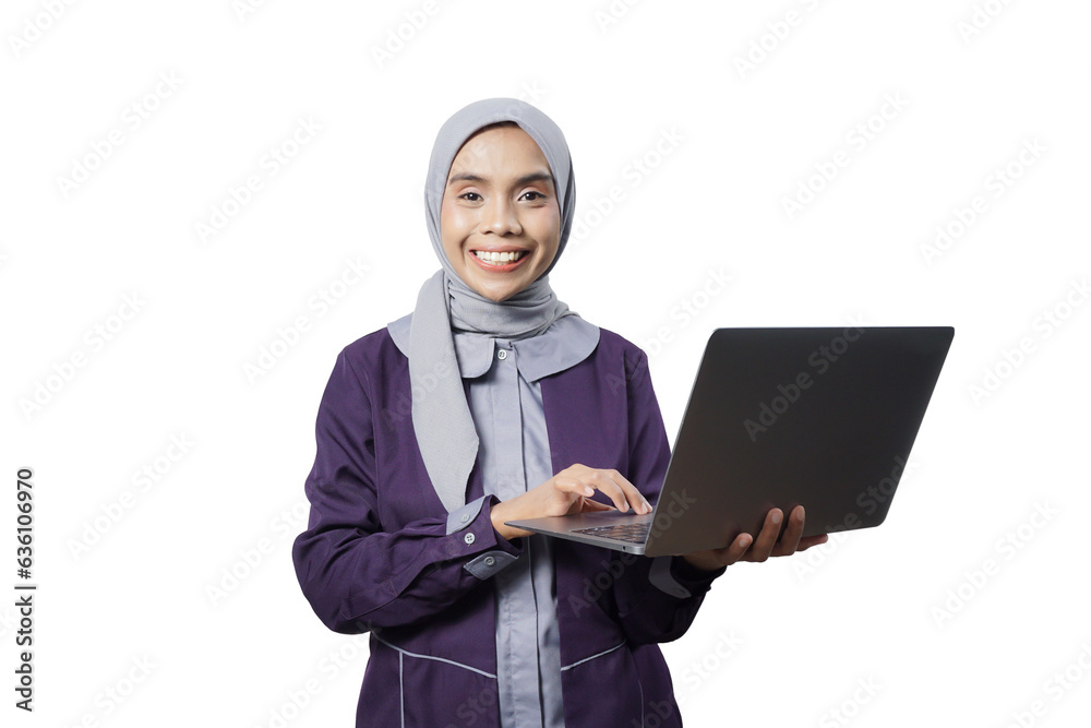 Confident business asian woman isolated in studio shot, Portrait of professional working people holding laptop computer with copy space. Confident business asian woman isolated in studio shot, Portrait of professional working people holding laptop computer with copy space.