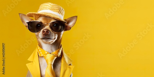 Cool looking Chihuahua dog wearing funky fashion dress. space for text right side. 