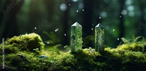 Crystals with moon phases image of moss in a mysterious forest, natural background.  photo