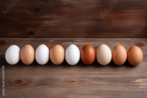 Various colour eggs on rustic wooden background.