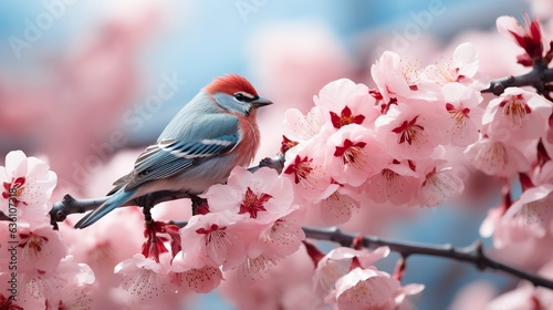 Birds sitting in a tree filled with cherry blossom flowers. 