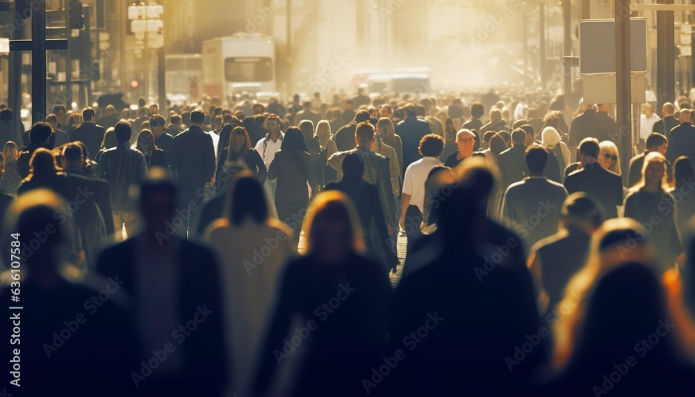 Crowd of people walking busy city street backlit. Generative AI - obrazy, fototapety, plakaty 