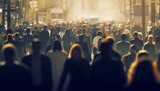 Crowd of people walking busy city street backlit. Generative AI