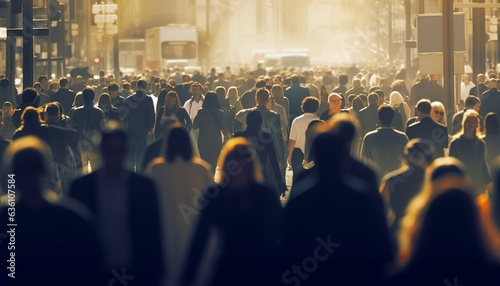 Crowd of people walking busy city street backlit. Generative AI