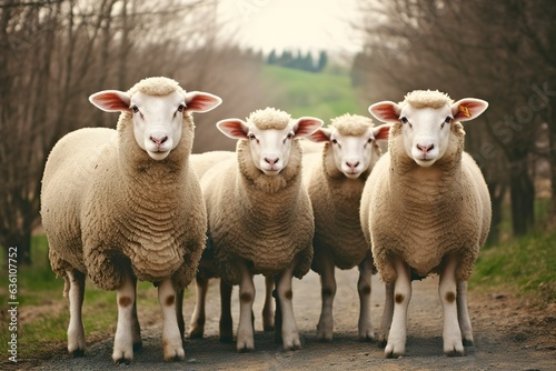 A group of sheep standing outdoors. Generative AI