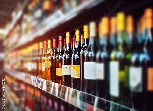 Abstract blur wine bottles on liquor alcohol shelves in supermarket store background. Generative AI