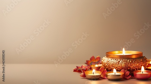 Happy Diwali. Burning diya oil lamps and flowers on a pastel background. Traditional Indian festival of light. Celebration of a religious holiday. Copy Space