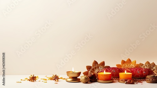 Happy Diwali. Burning diya oil lamps and flowers on a pastel background. Traditional Indian festival of light. Celebration of a religious holiday. Copy Space photo