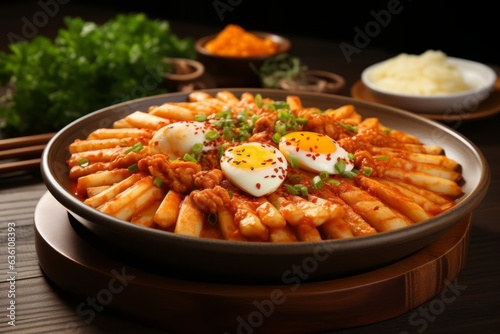 Delightful Plate of Tteokbokki (Spicy Rice Cakes) Served with Fish Cakes and Boiled Eggs, Generative AI