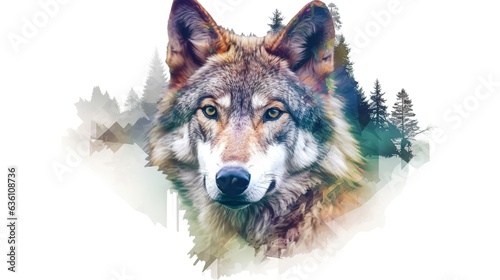 An alpha wolf and the spectacular colorful nature and green forest, clean sharp focus, on white background, double exposure photography. AI Generative © EMRAN