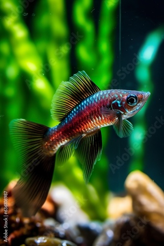 In the aquarium with plants and stones. The spinytail has a variety of color varieties including red  orange  yellow  blue and green. AI Generative
