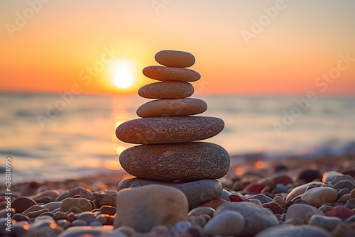 pebbles stacked on the beach with sunset in the background. AI Generative