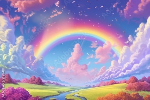 Fantasy sky rainbow. Fairy skies rainbows colors, magic landscape and dream sky background illustration. © EMRAN