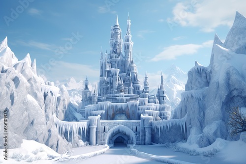 A Snowy Wonderland, A 3D Rendering of Elsa Castle in a Blue Snowy Mountain Background.