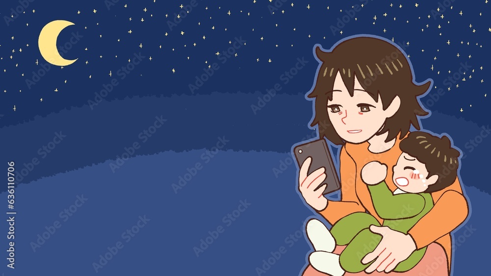 夜泣きする赤ちゃんに疲れてスマホをみるお母さん 夜泣きする赤ちゃんに疲れてスマホをみるお母さん
