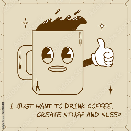 Trendy banner with funny characters drinks with slogan. Coffee in glass and cup on a beige background. Branding mascots sticker for bar, cafe and restaurant. Cute vector illustration.