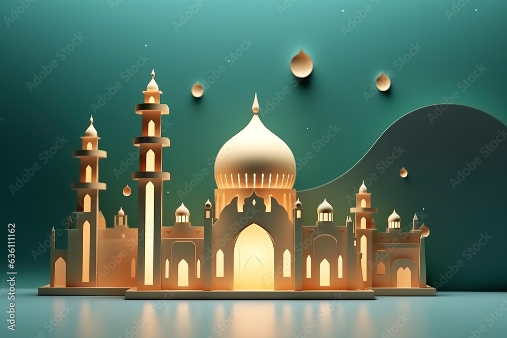 illustration of eid Mubarak night with light of a lamp, paper style, luxury happy Eid background, AI Generative