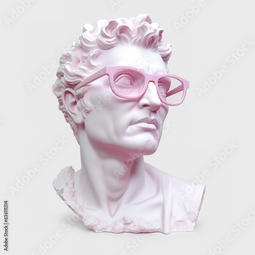 The head of a white mythological statue with glasses 