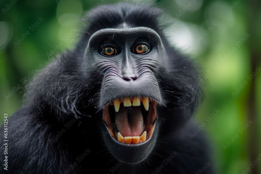 Celebes crested macaque with open mouth. Close up on the green natural background.  - obrazy, fototapety, plakaty 