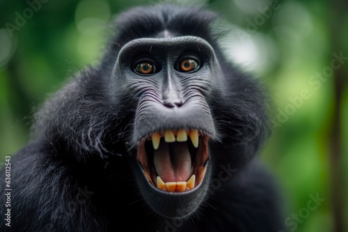Celebes crested macaque with open mouth. Close up on the green natural background. 