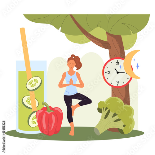 Woman meditating in nature and healthy lifestyle elements. Healthy habits, exercising, sleep schedule, organic food vector illustration. Healthy lifestyle, nutrition or diet concept