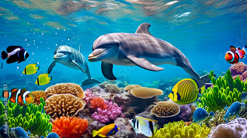 Obraz Dolphins with group of colorful fishes and marine animals with colorful corals underwater in the ocean. Generative AI