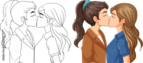 Lesbian couple kissing cartoon isolated