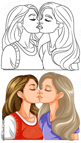 Lesbian couple kissing cartoon isolated