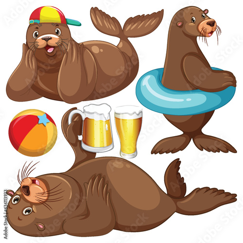 Set of seal cartoon character in the summer