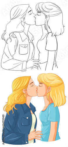 Lesbian couple cartoon kissing doodle outline