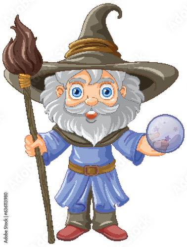 Old wizard wearing a hat with a long beard holding stick