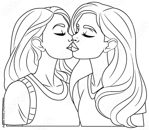 Lesbian couple kissing cartoon isolated