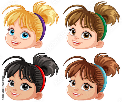 Set of girl cartoon head different hair colour