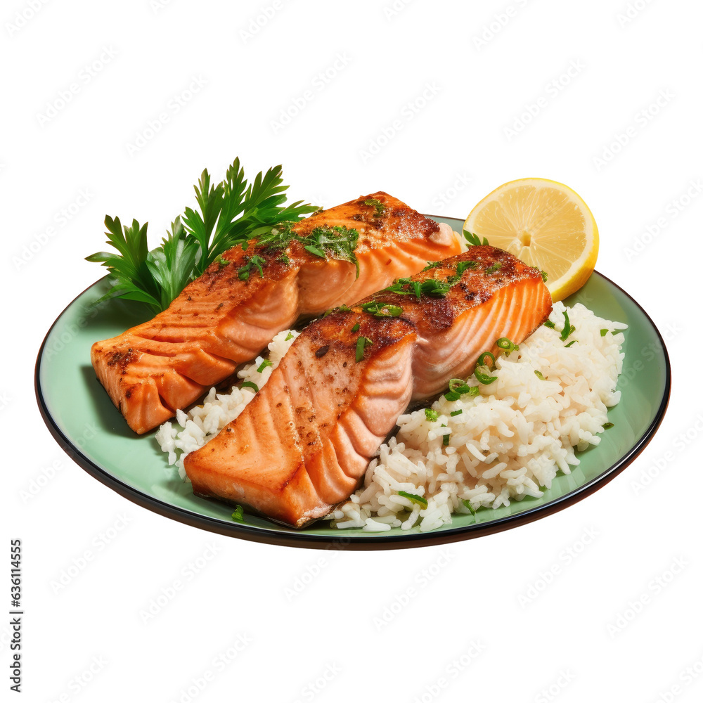 Grilled salmon and rice transparent background Grilled salmon and rice transparent background