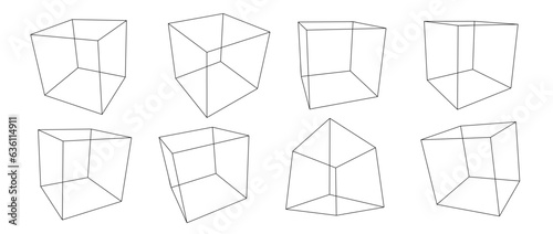 Black wireframe cube collection. Outline cubic shapes in different angles, perspective and positions. Geometric square elements for design template, icon, logo. Abstract boxes vector illustration