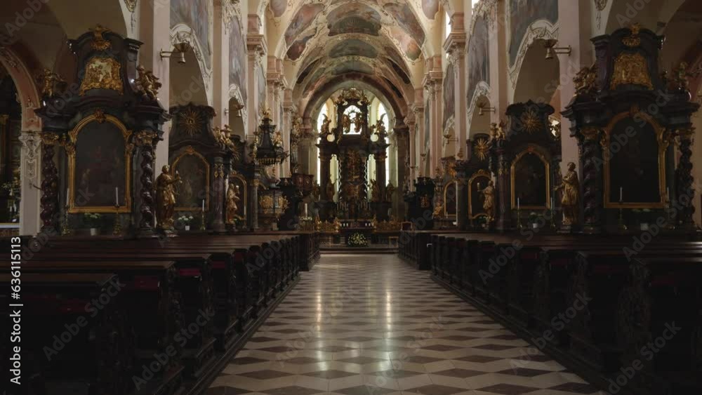 Interior of Church of the Assumption of the Virgin Mary On Strahov, Prague in Czech Republic.Tilt up shot. Interior of Church of the Assumption of the Virgin Mary On Strahov, Prague in Czech Republic.Tilt up shot.