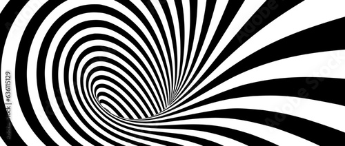 Optical illusion funnel. Striped geometric infinite tunnel. Black and white abstract hypnotic hole shape. Vector Op art wormhole illustration