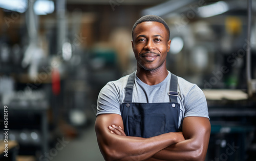 Black african american dark-skinned worker in a factory. Portrait of industrial worker indoors in factory. Technician with arms crossed, industrial construction industry,