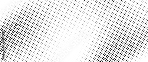 Halftone faded wavy gradient texture. Grunge dirty speckles and spots background. Black and white uneven sand grain wallpaper. Retro random pixelated comic cartoon vector backdrop. 